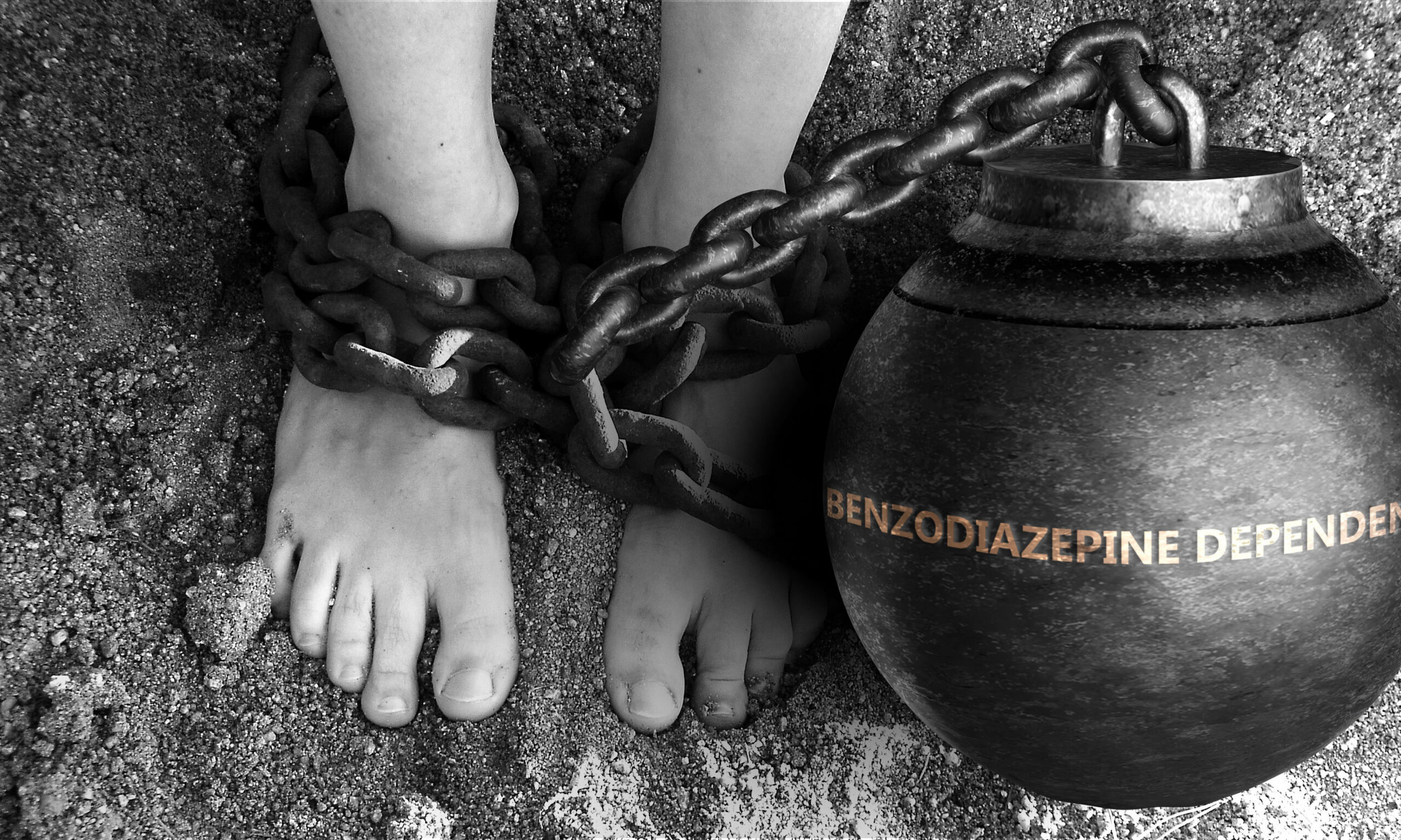 woman tied to a rock that says benzo addiction